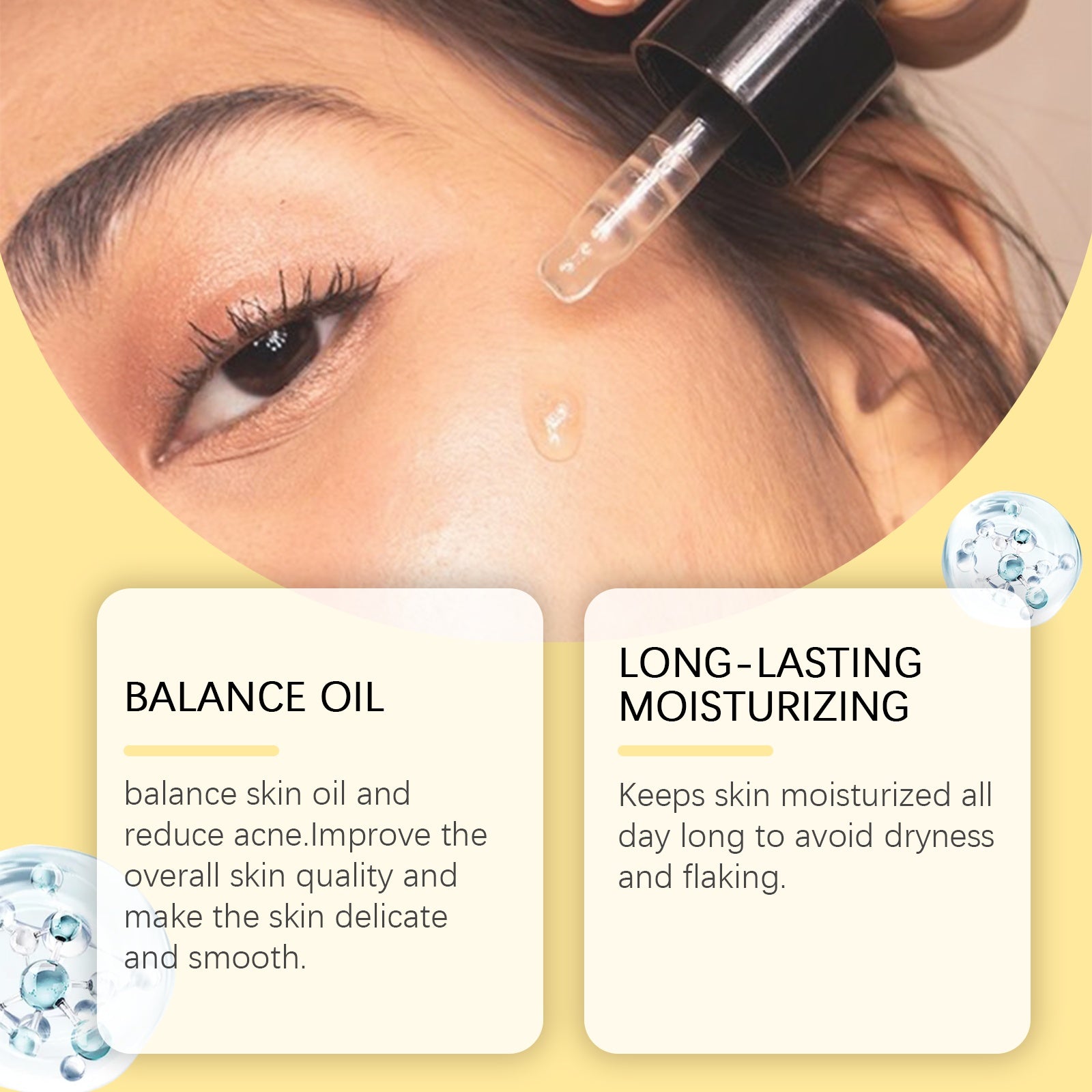 Person applying skincare product with text on balance oil and long-lasting moisturizing.