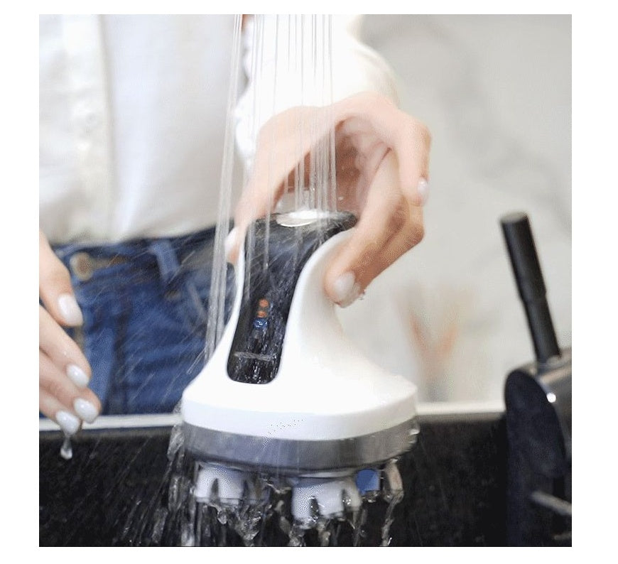 Person using a handheld showerhead with water flowing