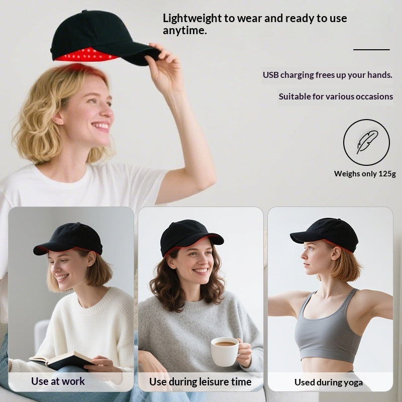 Person wearing a LED cap with text about its features and uses.