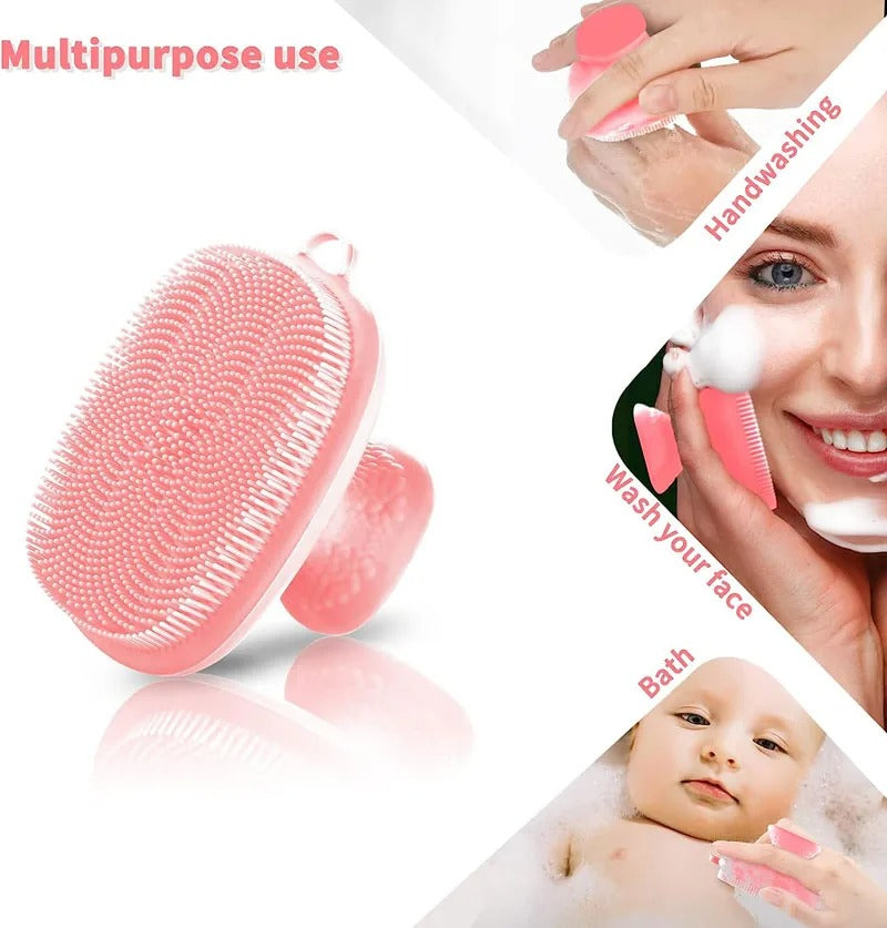 Pink cleansing brush with images of its use on face, hands, and baby.