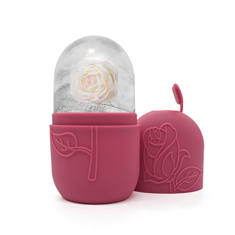 Pink container with a white rose inside on a white background