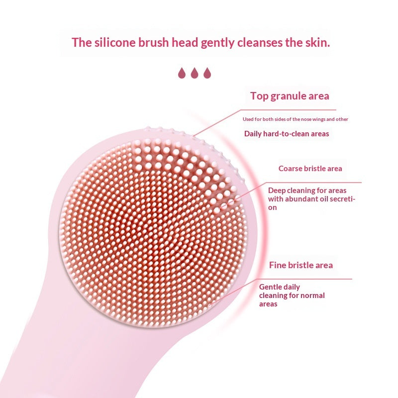 Pink silicone brush head with labeled areas for different cleaning needs on a white background.