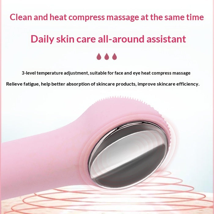 Pink skin care device with text about temperature adjustment and skincare benefits on a light pink background.