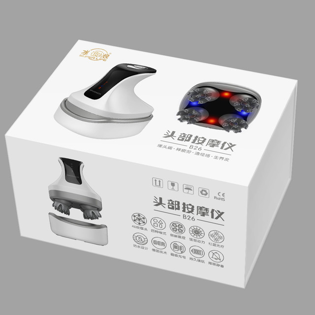 Product packaging with a device and text on a gray background