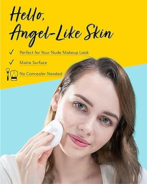 Promotional graphic for a skincare product with the text 'Hello, Angel-Like Skin' on a yellow background, alongside a woman with clear skin applying makeup with a cotton pad against a light blue background.