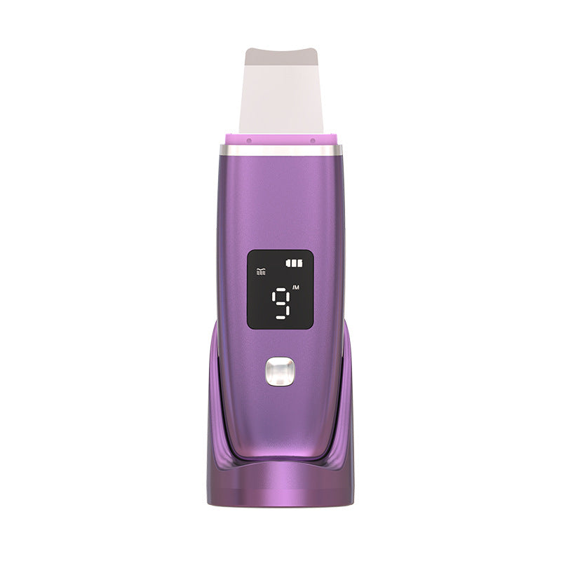 Purple electronic device with a digital display on a white background