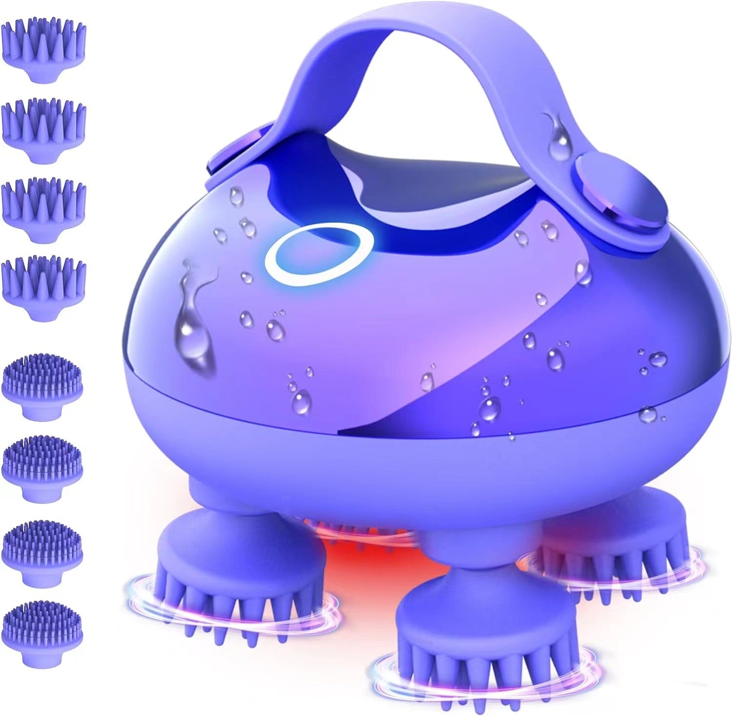 Purple handheld massager with multiple attachments on a white background