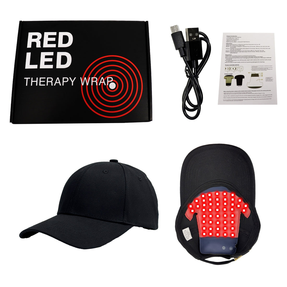 Red LED therapy wrap with black cap, USB cable, and user manual on a white background