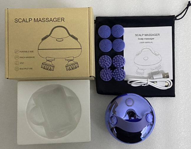 Scalp massager with packaging, purple massage nodes, and USB cable on a light gray background