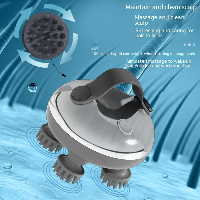 Scalp massager with text on a blue water background