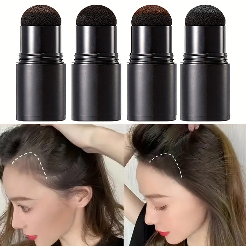 Set of four black hair root touch-up sticks with before and after usage on a woman's hair.