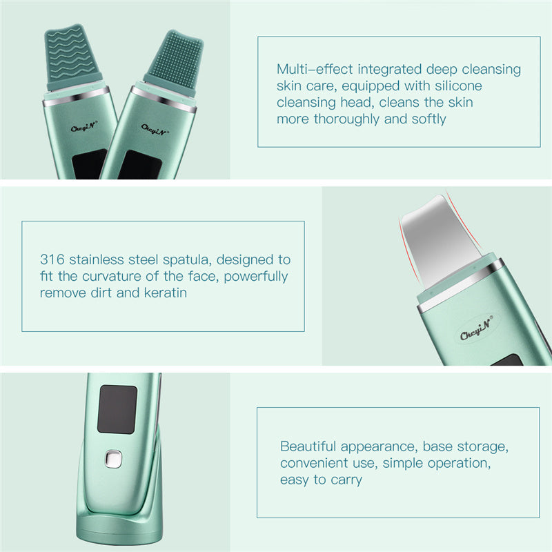 Skincare device with silicone cleansing head and 316 stainless steel spatula on a light green background.