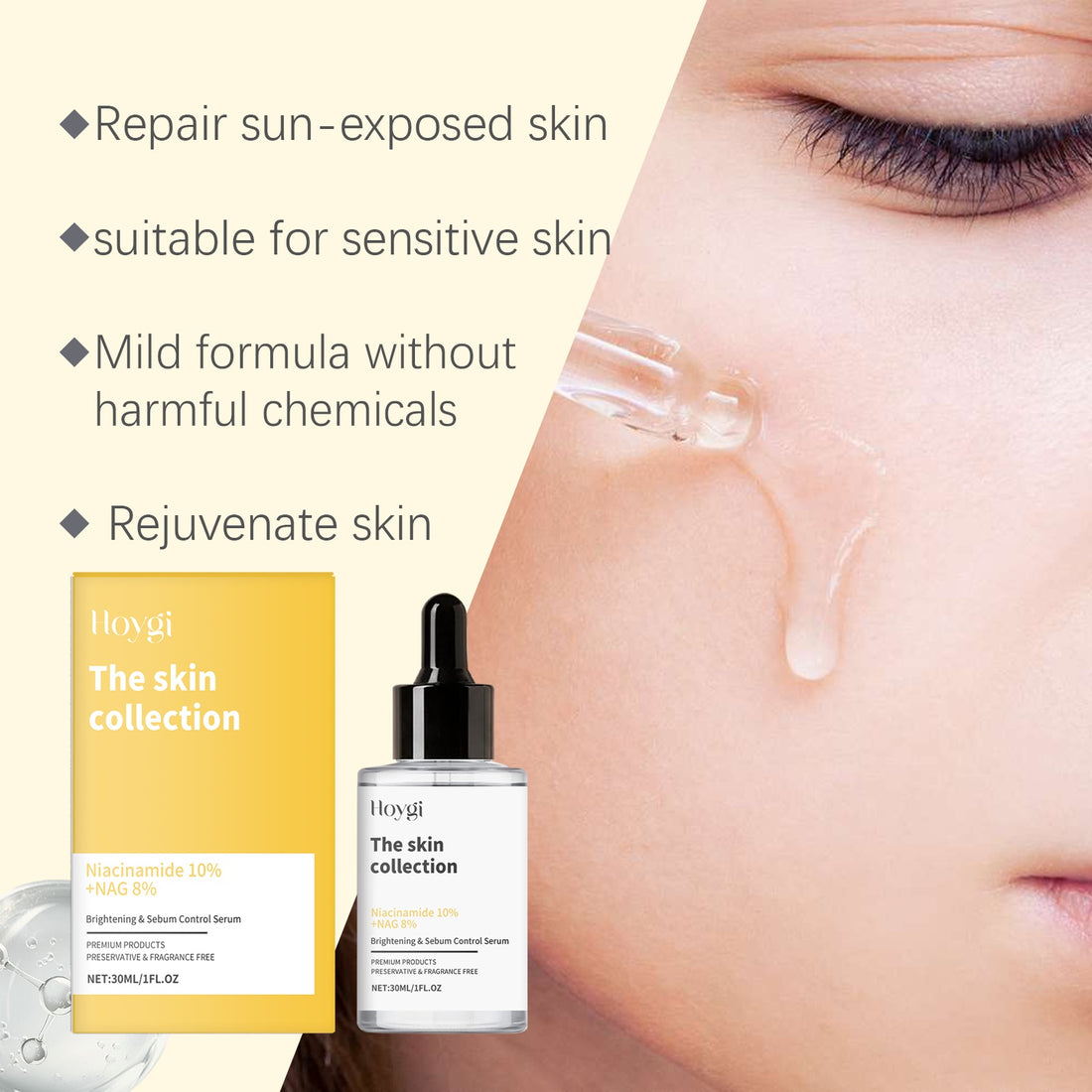 Skincare product with packaging and dropper bottle on a blurred background