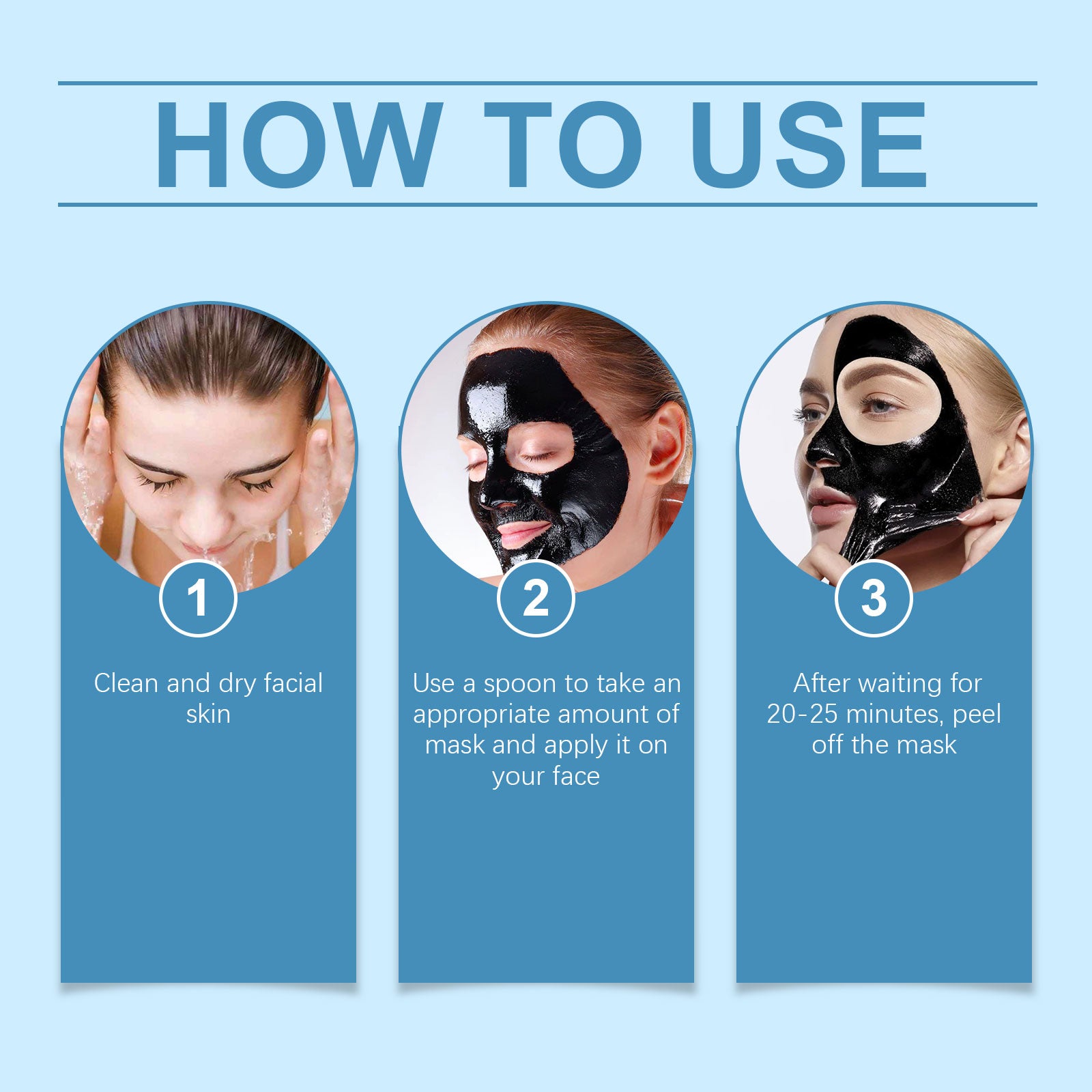 Step-by-step guide on how to use a facial mask with three images and text instructions.
