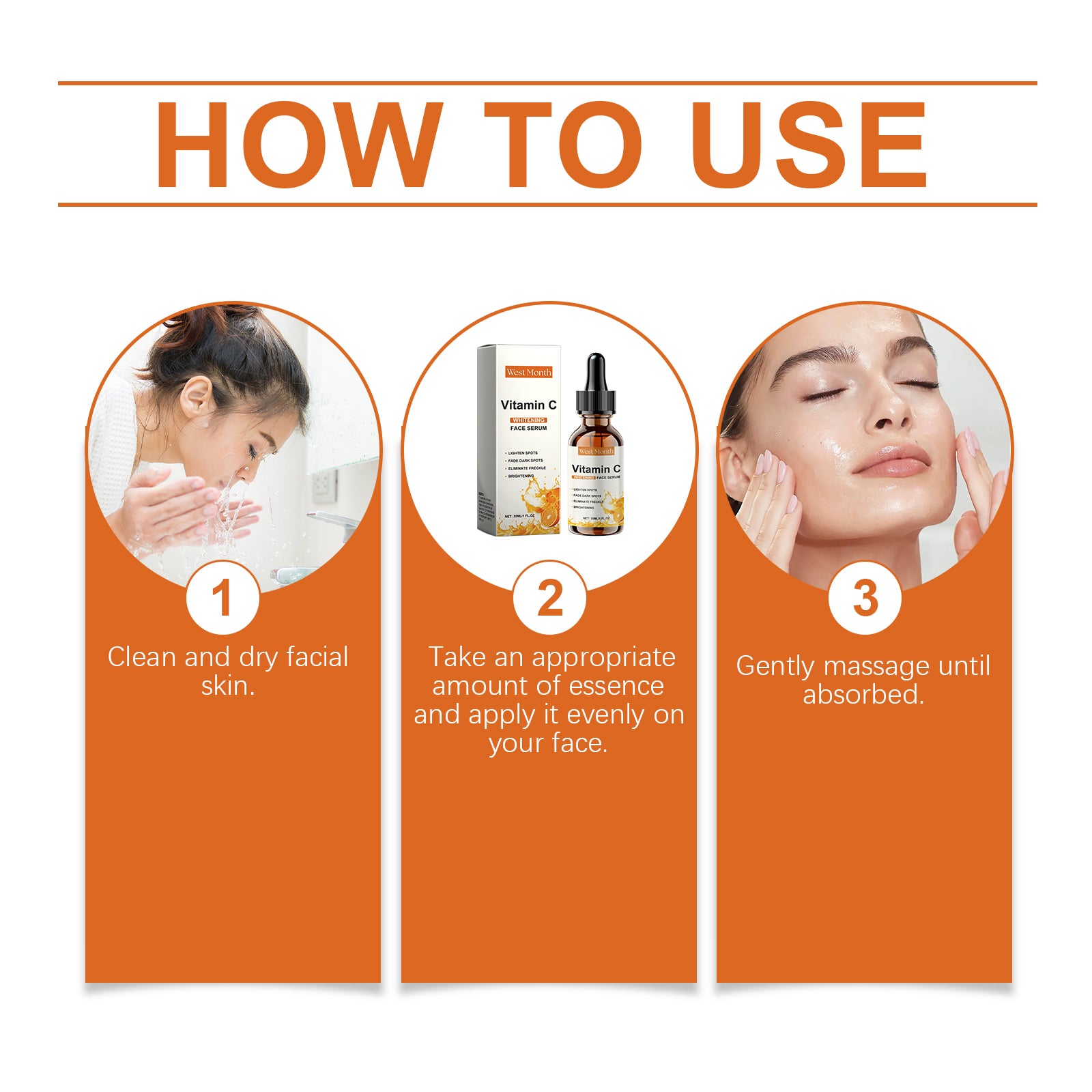 Step-by-step guide on how to use a skincare product with images and text.
