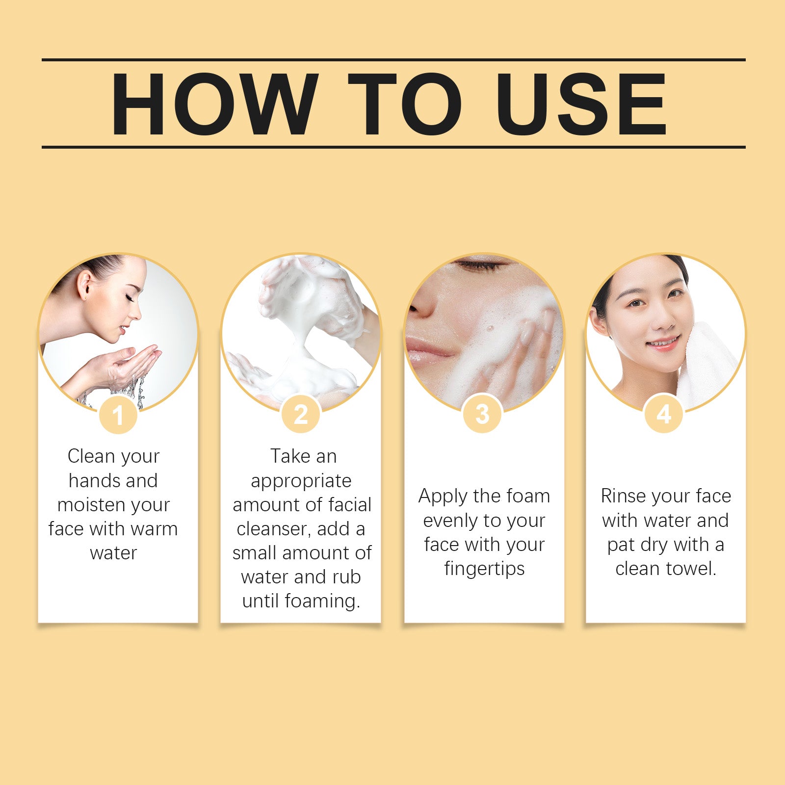 Step-by-step guide on how to use facial cleanser with icons and text on a beige background
