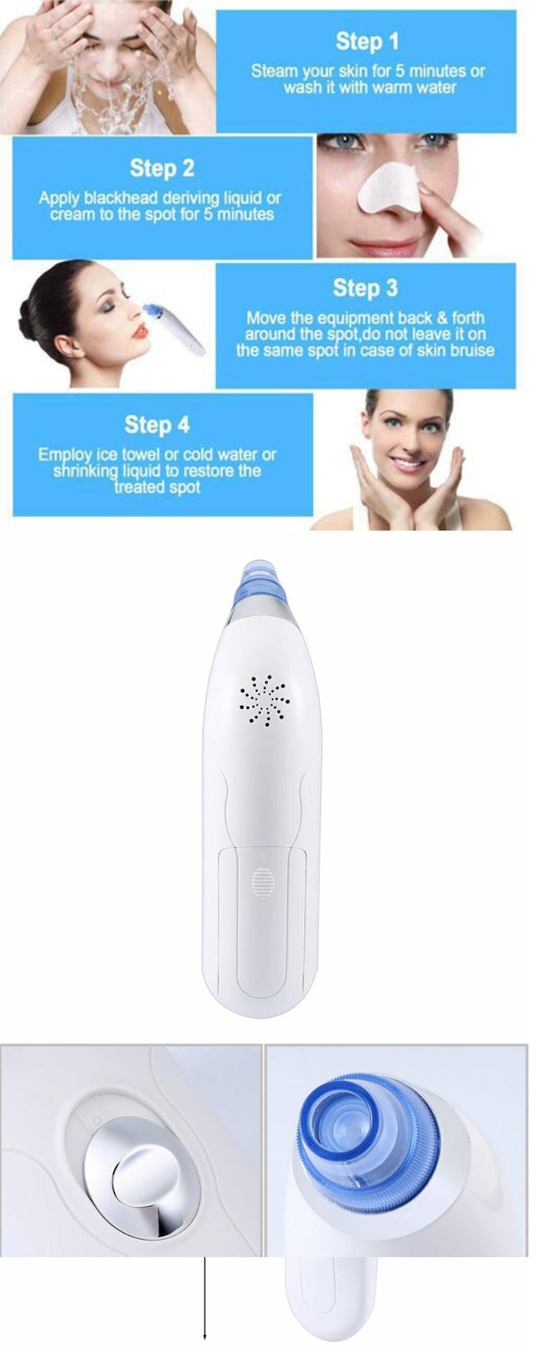 Steps for using a skincare device with images of a woman applying it and the device itself.