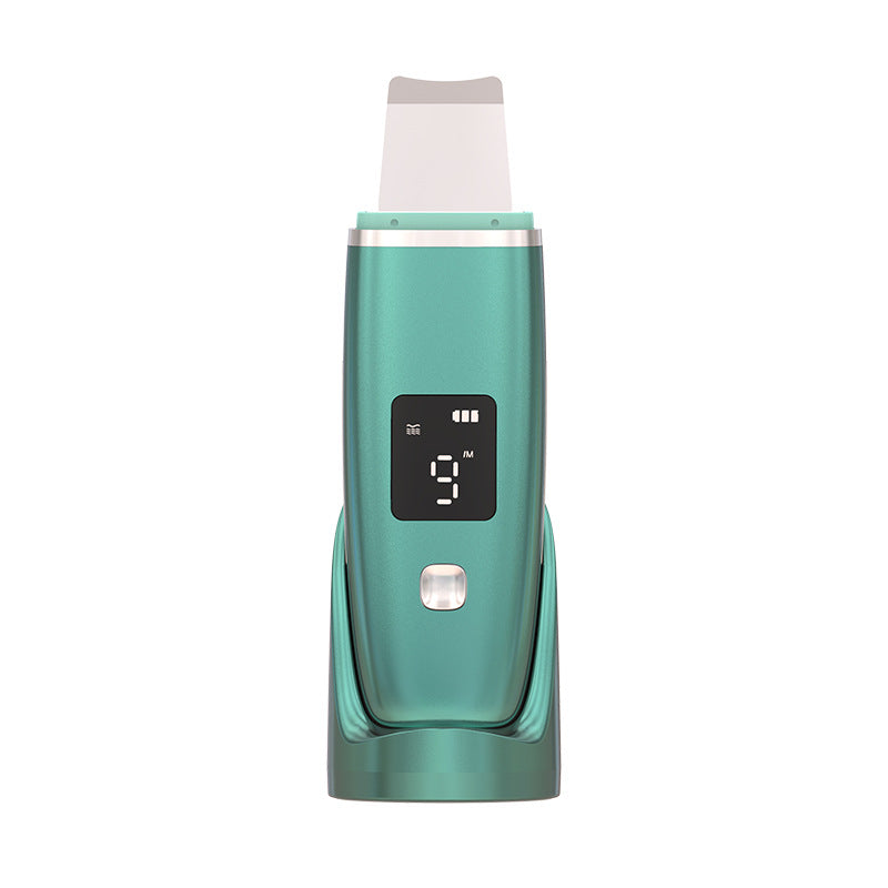 Teal electronic device with digital display on a white background