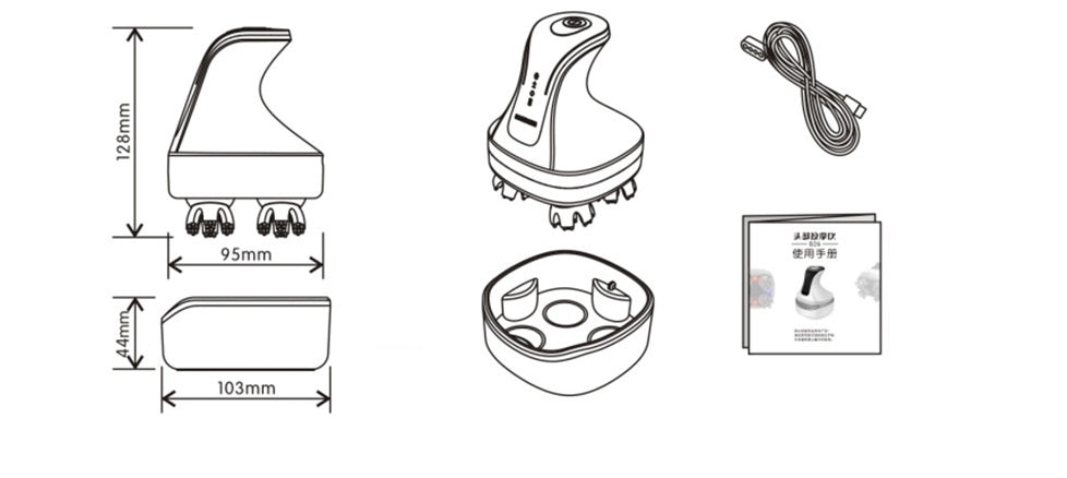 Technical drawing of a grooming tool with dimensions and packaging.