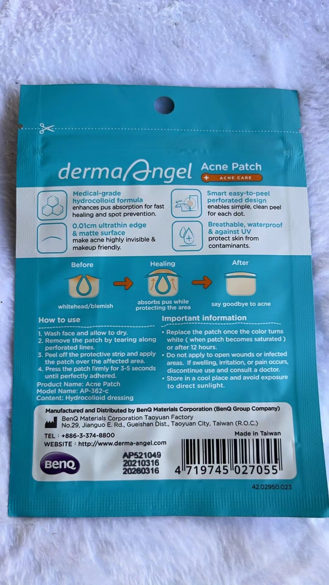 The back of a teal DermaAngel Acne Patch packaging pouch, showing product details, usage instructions, and a barcode on a textured white fabric background.