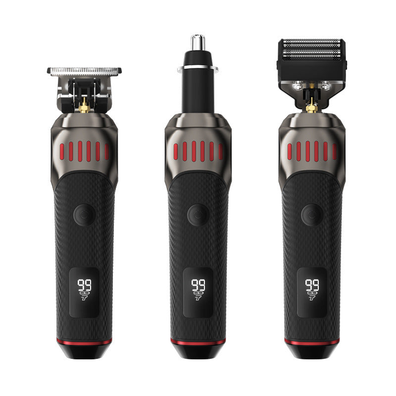 Three grooming tools with black and red design on a white background