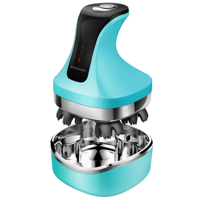 Turquoise handheld massager on a white background