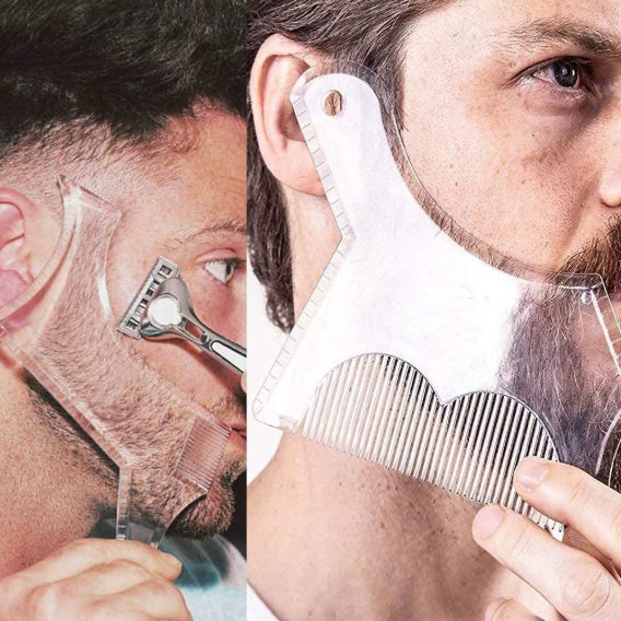 Two men using grooming tools on their beards, with one using a razor and the other a comb and clear plastic guide.