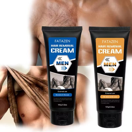 Two tubes of Fatazen Hair Removal Cream for men with a blurred background showing a person shaving.