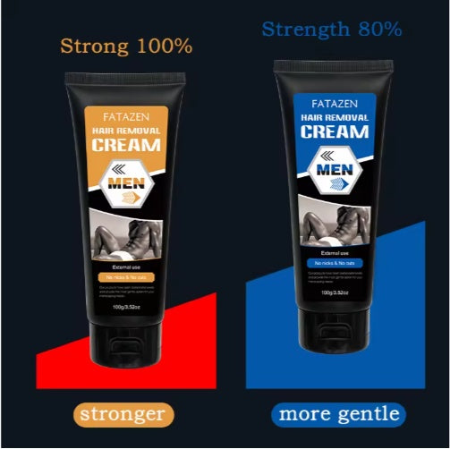 Two tubes of Fatazen hair removal cream with strength comparison on a dark background