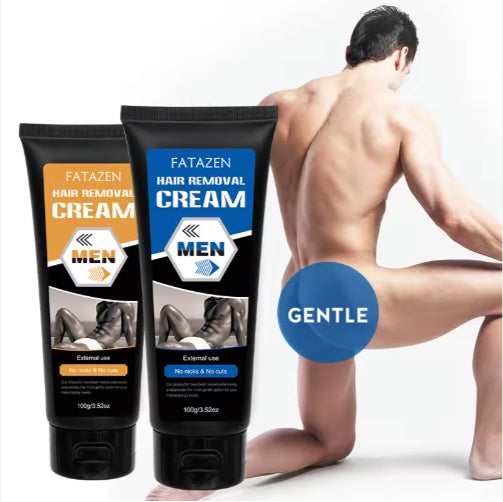 Two tubes of Fatazen hair removal cream for men with a man sitting on the floor.