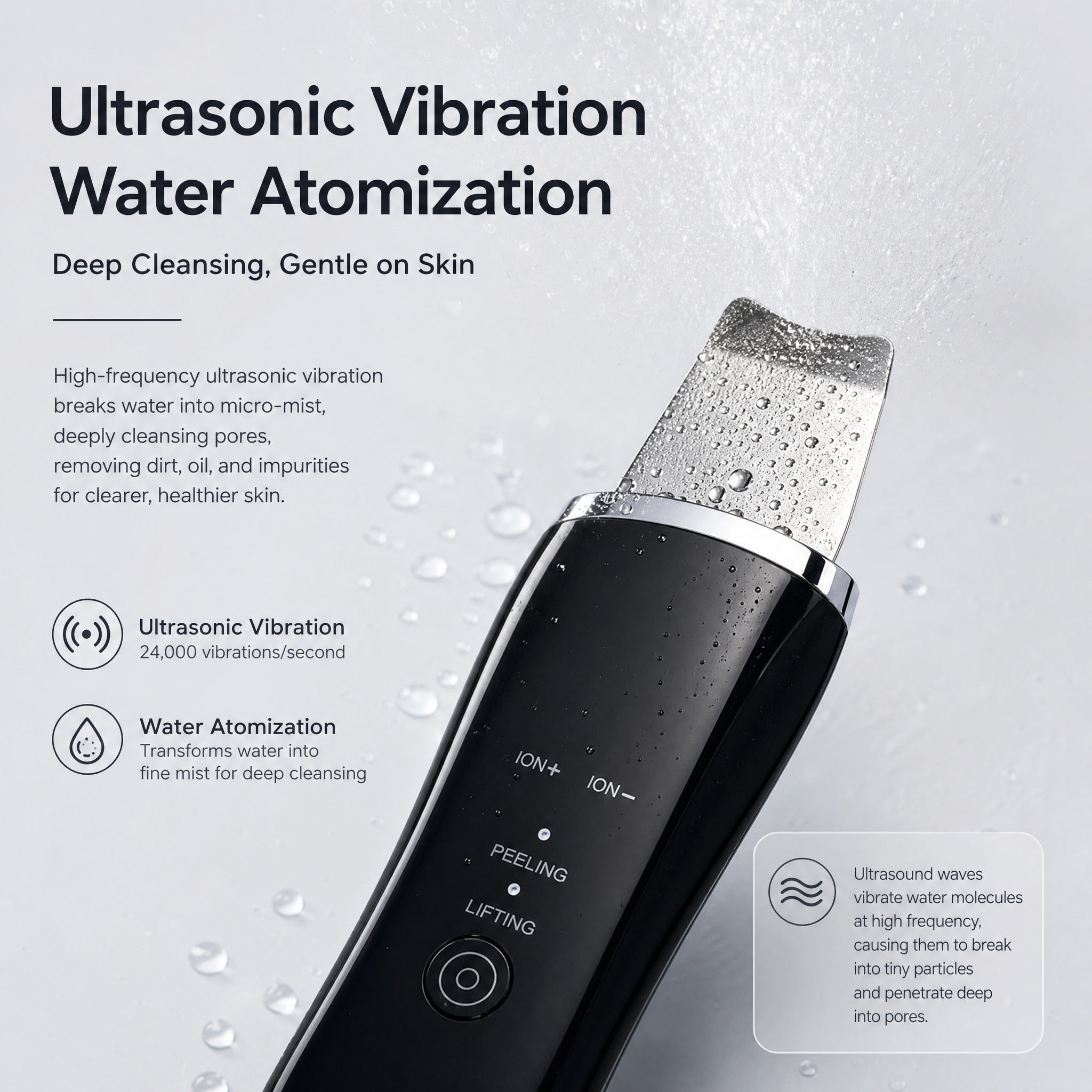 Black skincare device with water atomization technology on a gray background