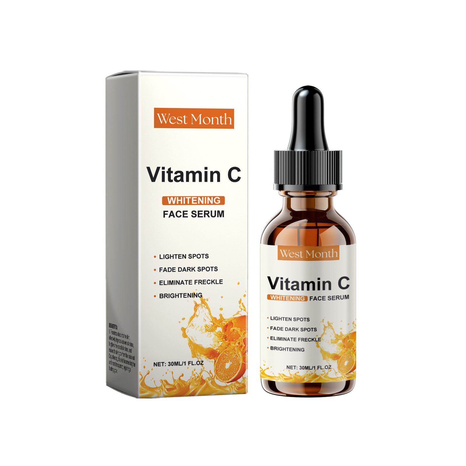 West Month Vitamin C Whitening Face Serum shown with its white and orange retail box and an amber glass dropper bottle on a plain white background.