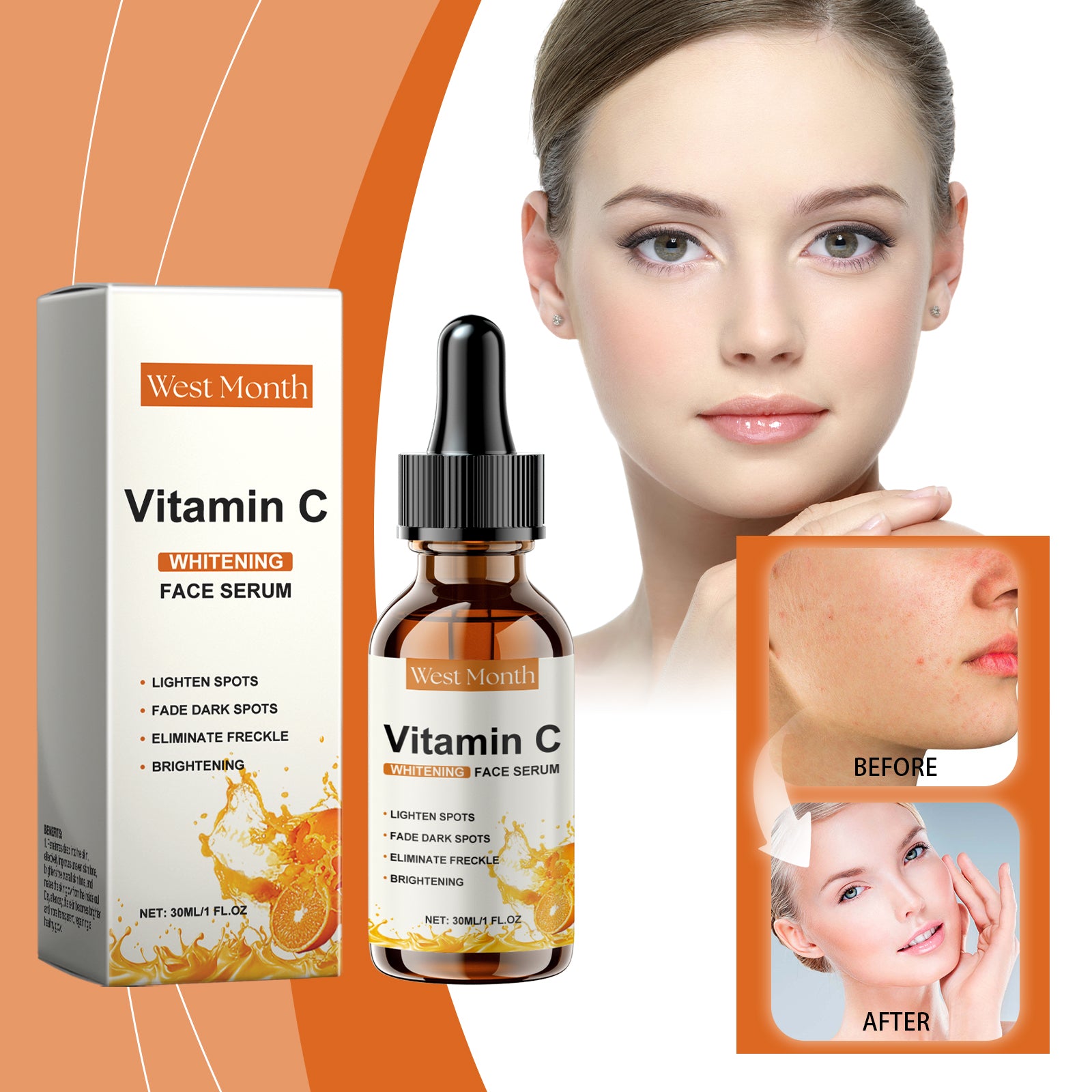 West Month Vitamin C Whitening Face Serum with packaging and before/after effects on a white background
