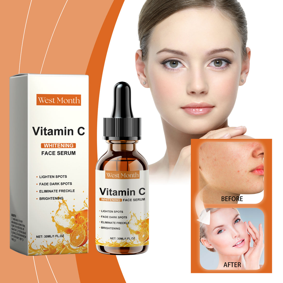 West Month Vitamin C Whitening Face Serum with packaging and before/after effects on a white background