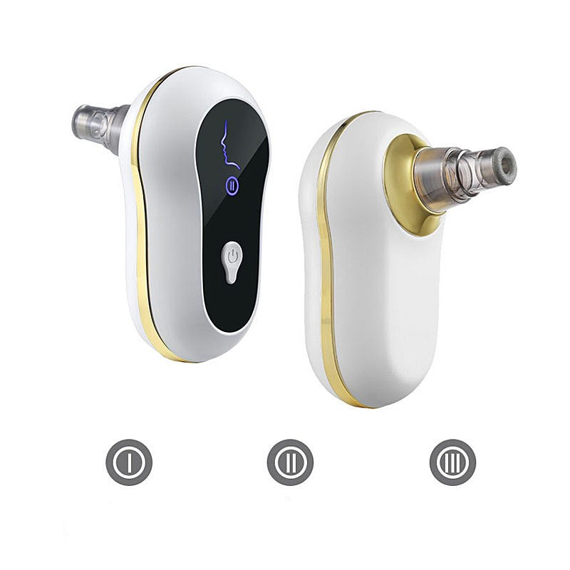 White and gold Bluetooth earbuds with control buttons on a white background