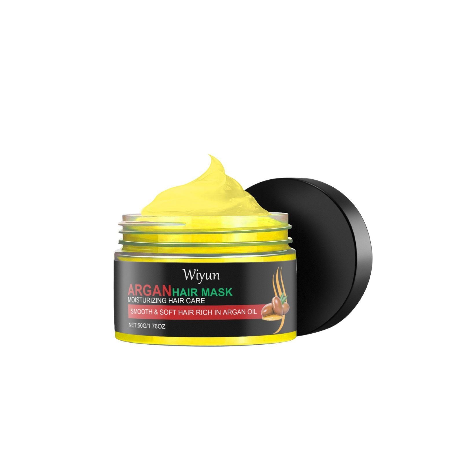 Wiyun Argan Hair Mask moisturizing hair care in a clear jar showing bright yellow cream, with the black lid leaning behind it on a white background.