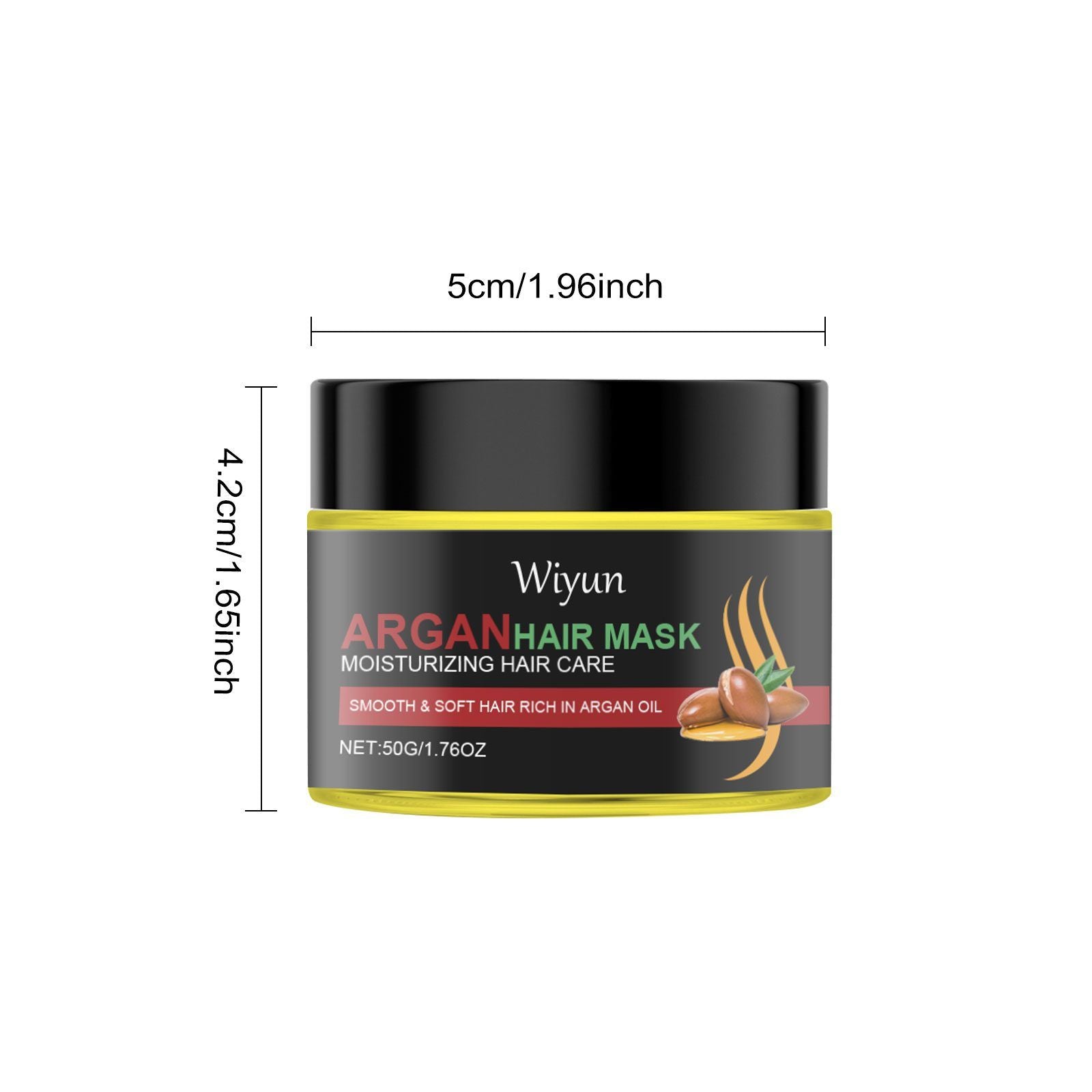Wiyun Argan Hair Mask container with dimensions on a white background