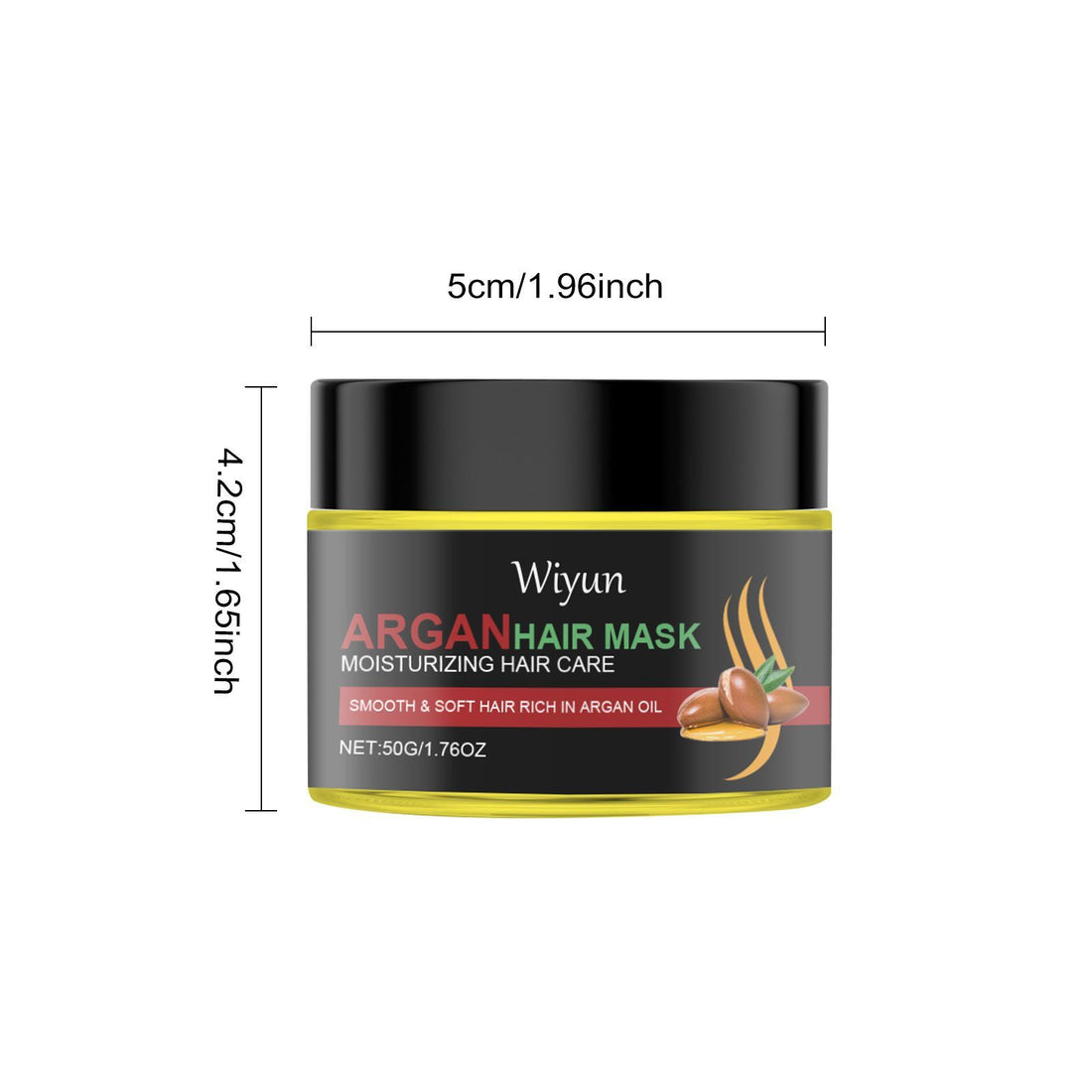 Wiyun Argan Hair Mask container with dimensions on a white background