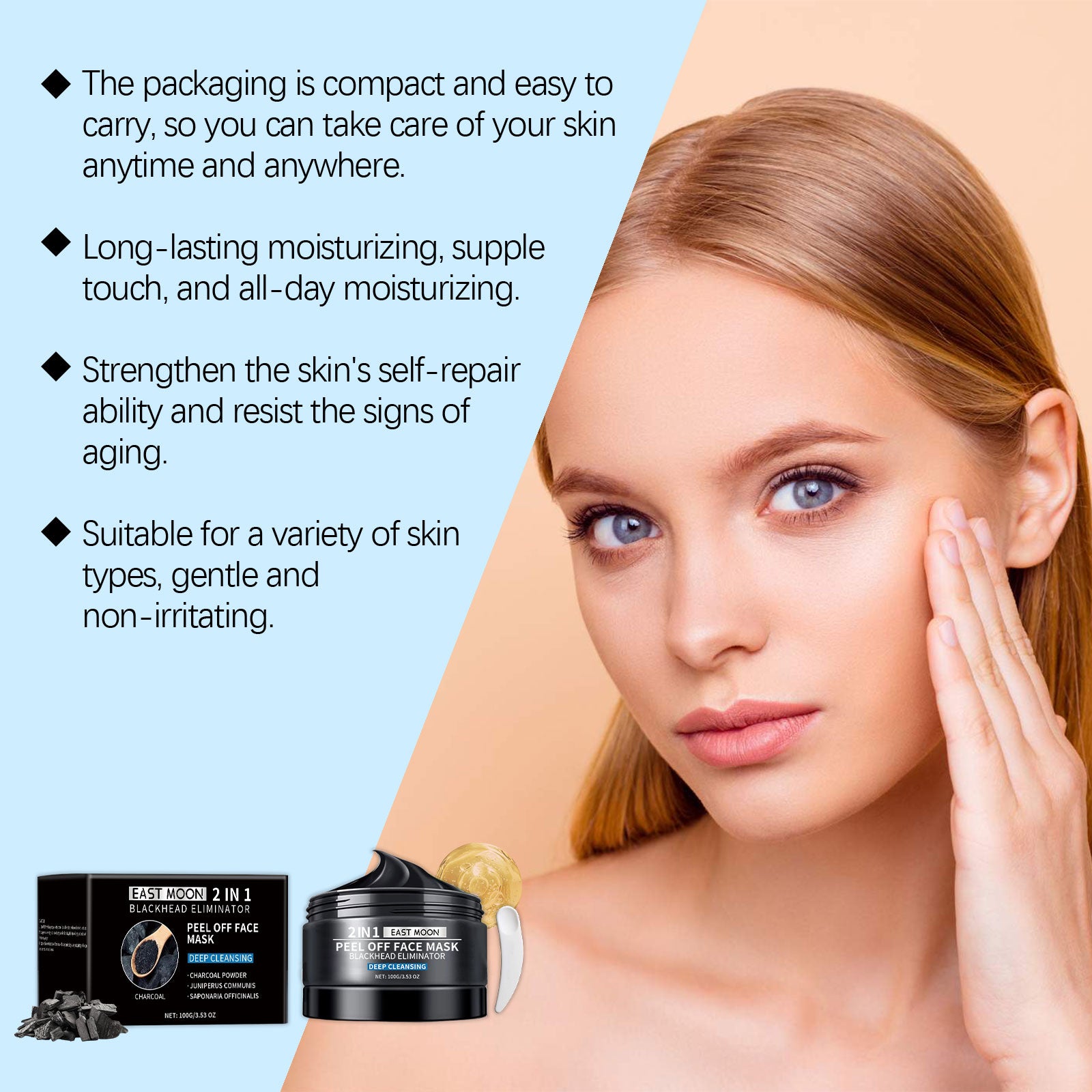 Woman applying skincare product with text about product benefits on a light blue background
