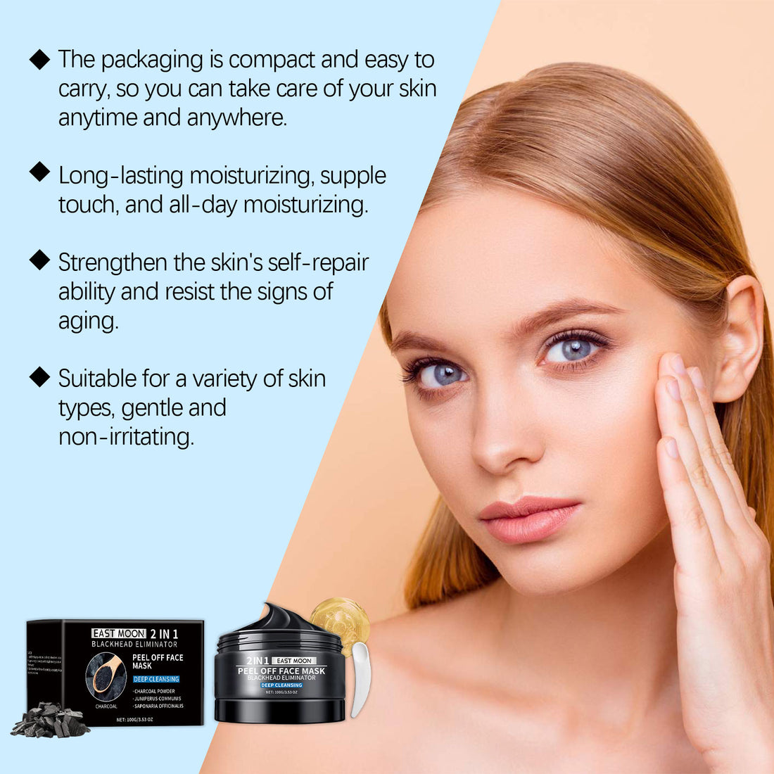 Woman applying skincare product with text about product benefits on a light blue background