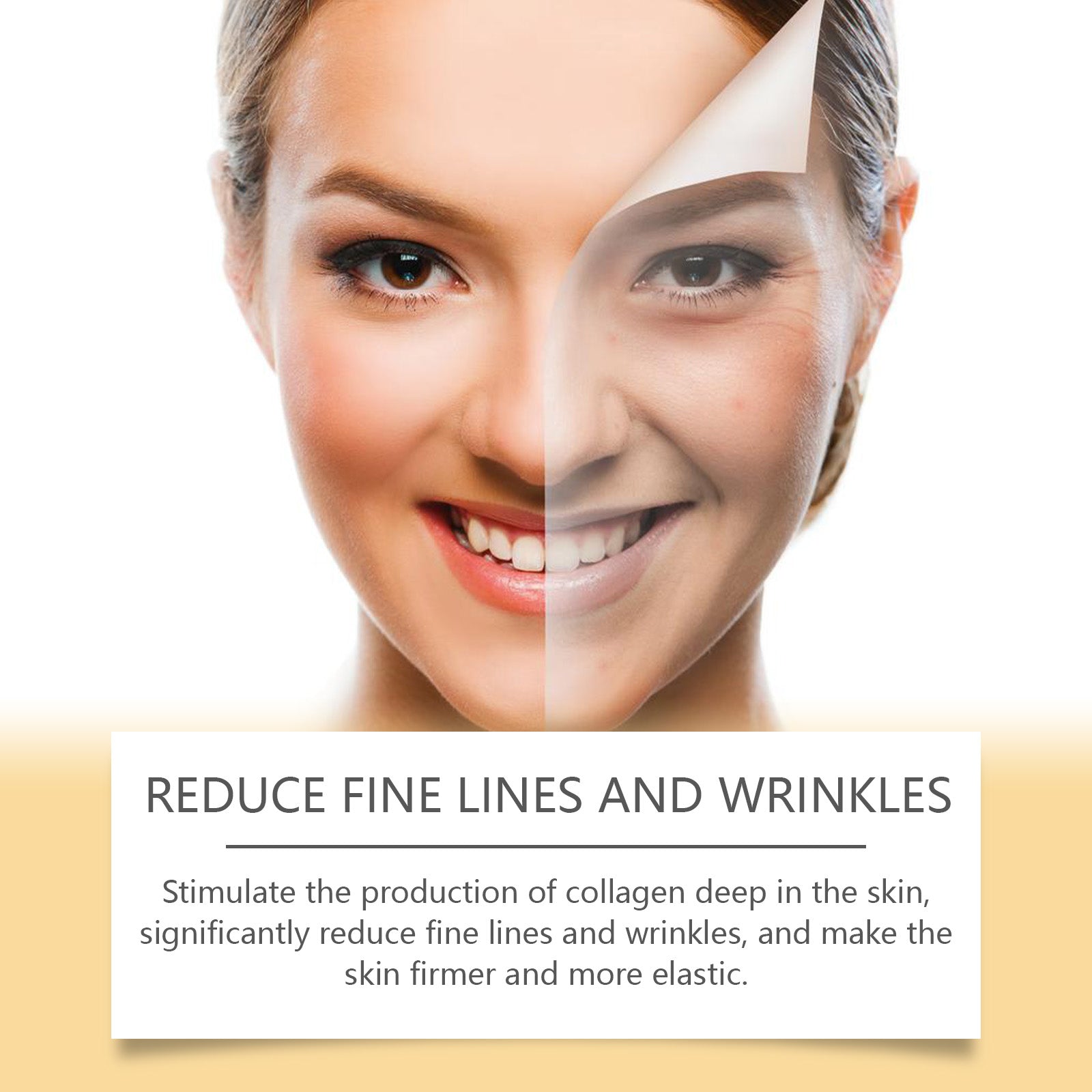 Woman's face with a split view showing before and after effects, with text about skin care benefits.