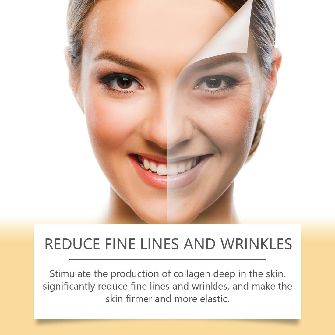 Woman's face with a split view showing before and after effects, with text about skin care benefits.