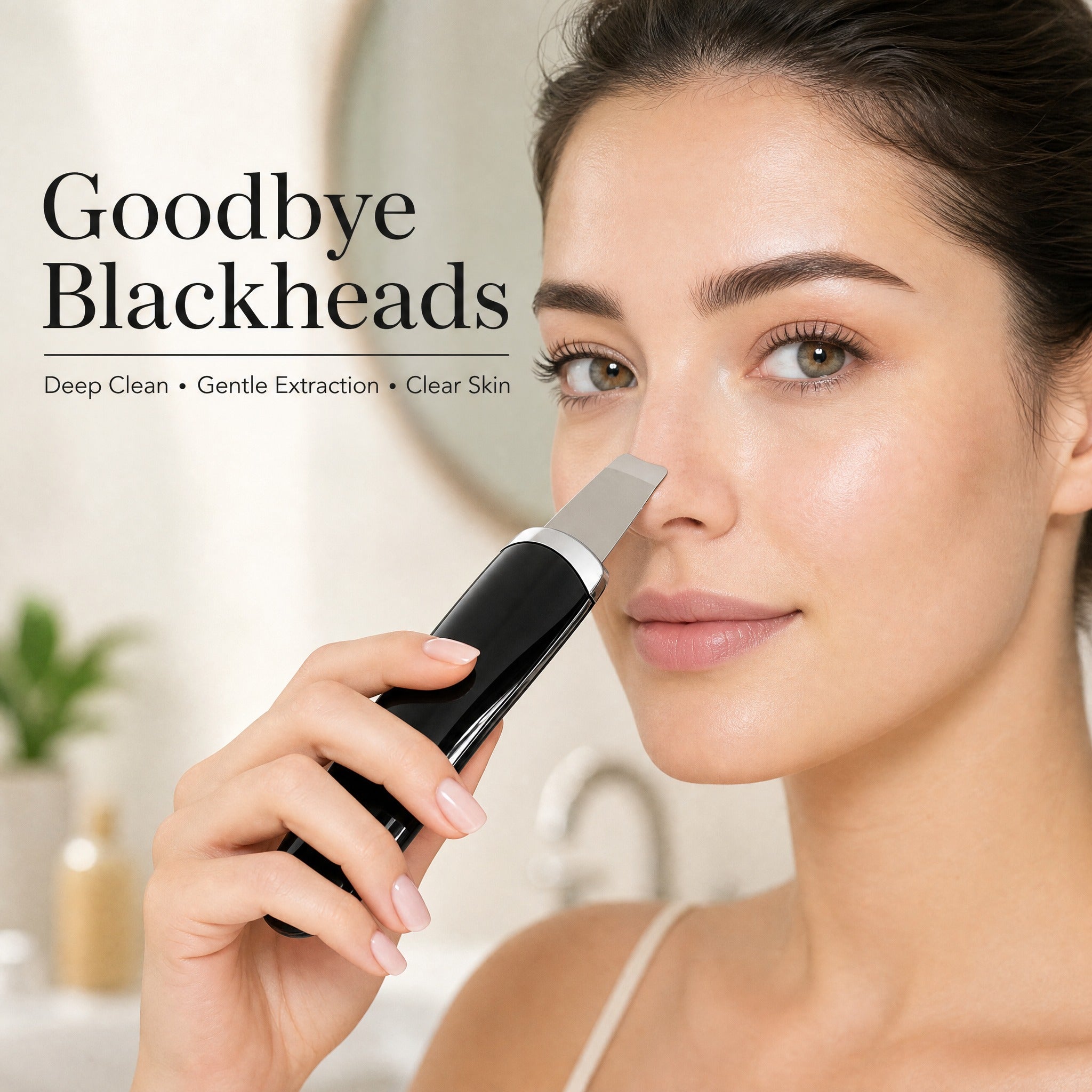 Woman using a blackhead removal tool with text 'Goodbye Blackheads' in a bathroom setting.