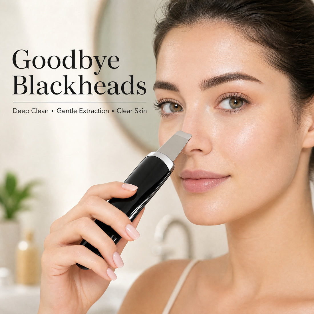 Woman using a blackhead removal tool with text 'Goodbye Blackheads' in a bathroom setting.