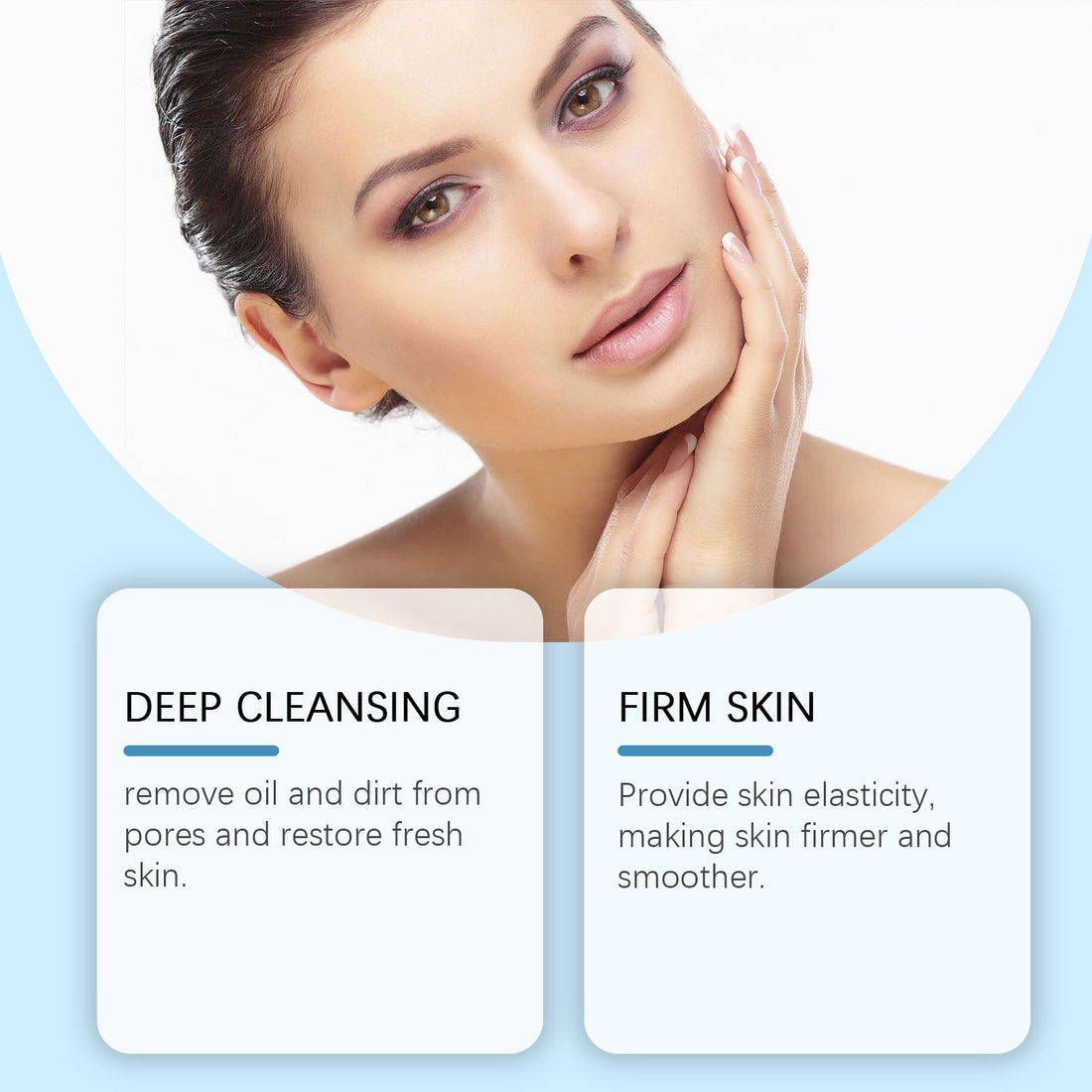Woman with clean skin showing effects of deep cleansing and firm skin on a light blue background