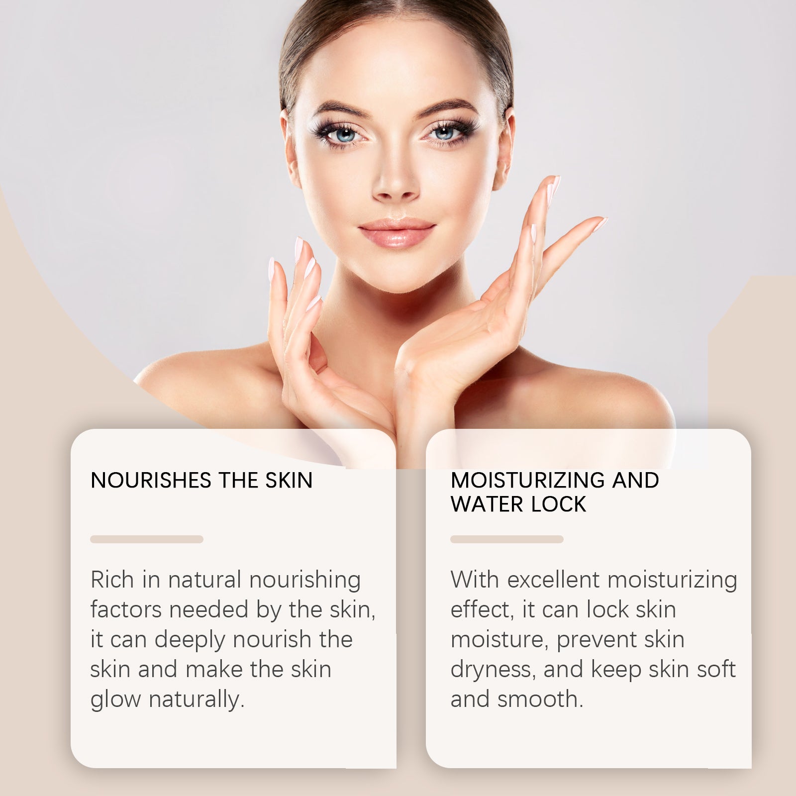 Woman with hands on face against a neutral background with text about skincare benefits.