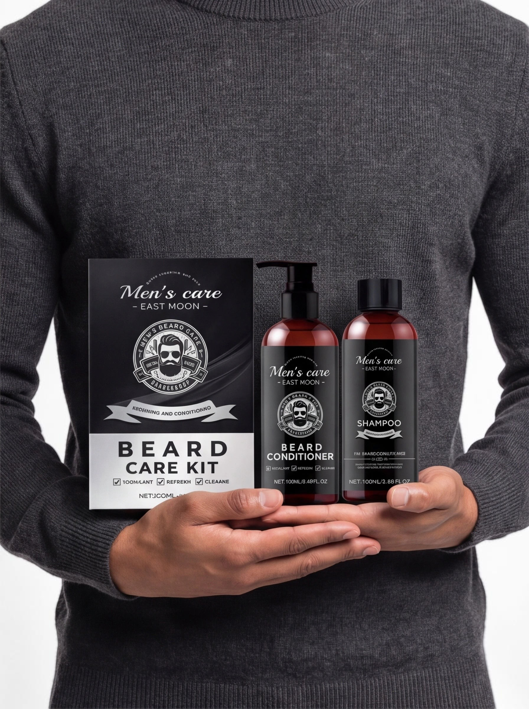 TheGromify Argan Beard Wash and Conditioner set including two bottles and a box held by a man in a grey sweater.