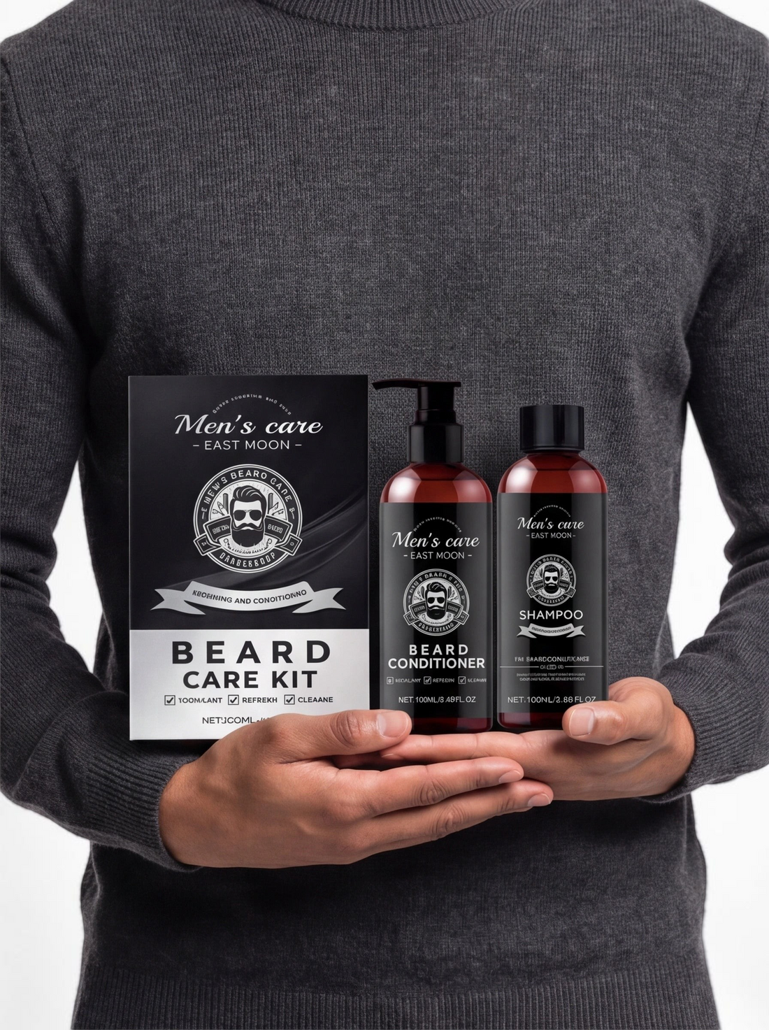 TheGromify Argan Beard Wash and Conditioner set including two bottles and a box held by a man in a grey sweater.