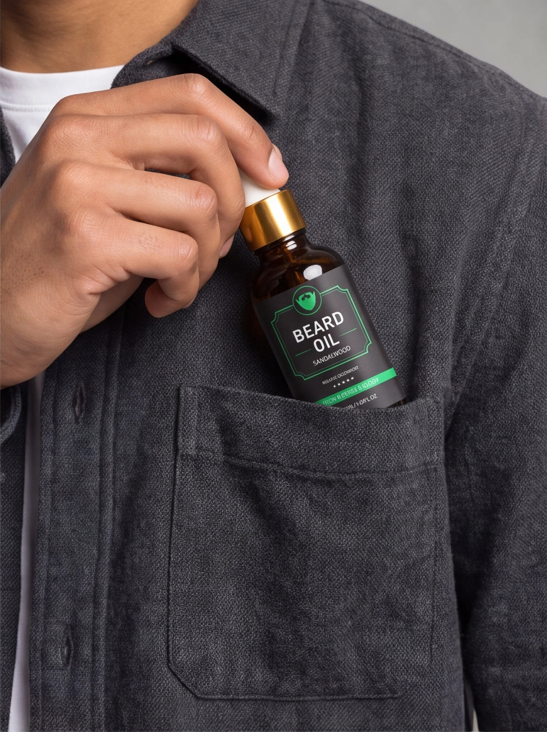 TheGromify Sandalwood & Jojoba Beard Oil bottle tucked into a grey shirt pocket, held by a man's hand.