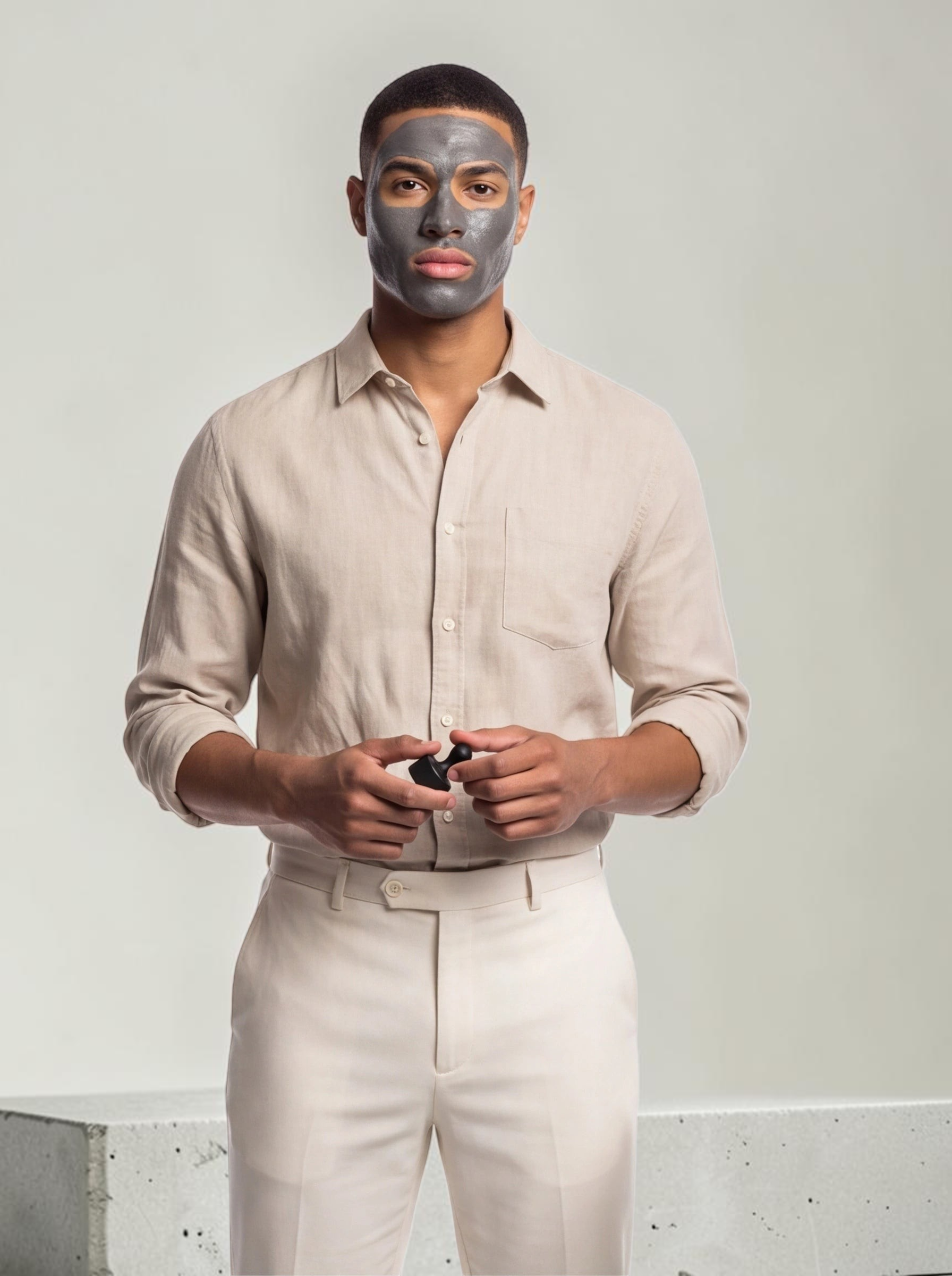 TheGromify magnetic clay mask applied to a man's face, showing a deep-cleansing pore detox treatment.